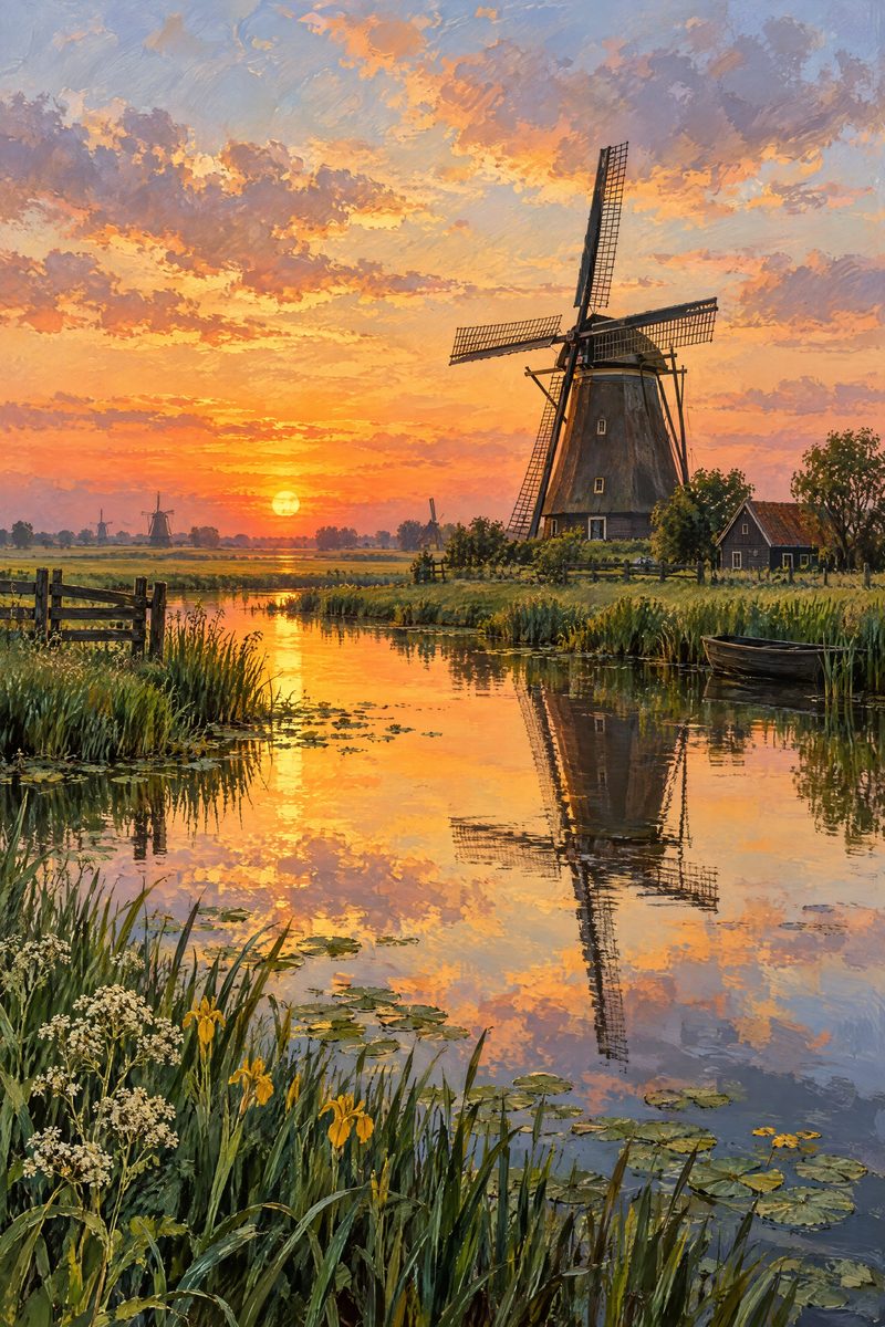 Staande foto van een molen bij zonsondergang aan het water, een beeld dat op een mok grotendeels wegvalt