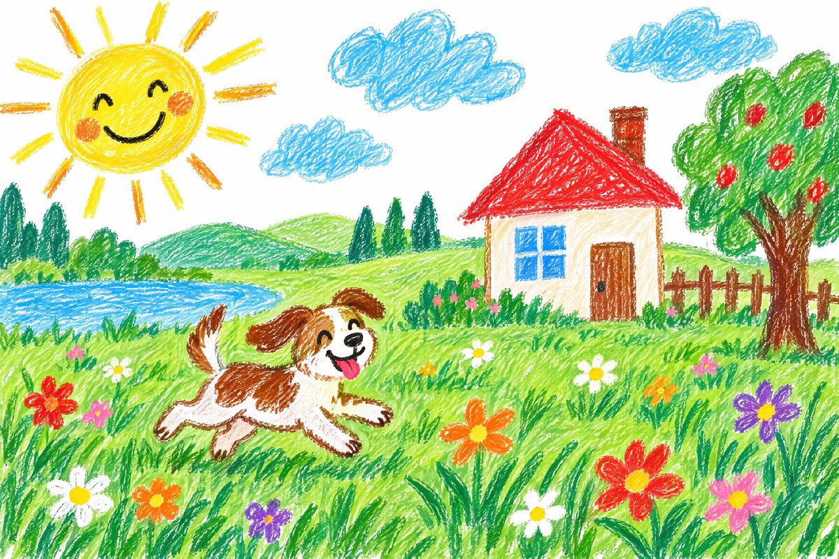 Kindertekening in waskrijt van een rennende hond in het gras, met een huis met rood dak en een lachende zon