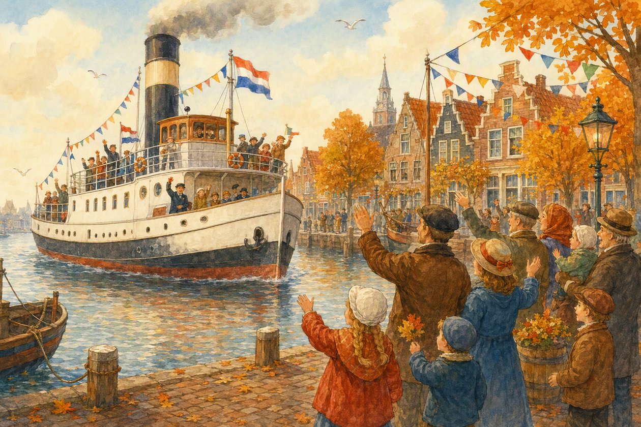 Een stoomboot komt aan in de haven, met zwaaiende gezinnen langs de kade