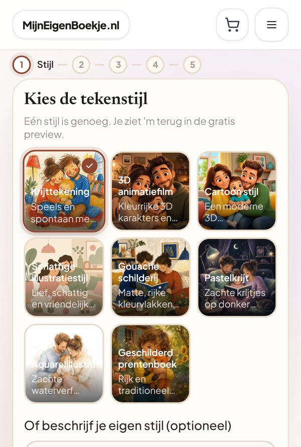 Stap 1 op de telefoon: keuze uit acht tekenstijlen, krijttekening is aangevinkt