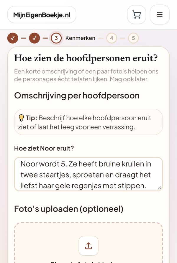 Stap 3: een korte omschrijving van Noor, met daaronder de mogelijkheid om foto's te uploaden
