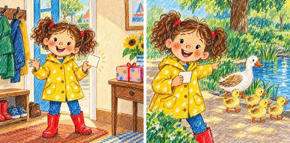Twee pagina's uit het boek: Noor geeft de bakker zijn vlaggetjes terug en schuift een tak opzij voor de eendjes