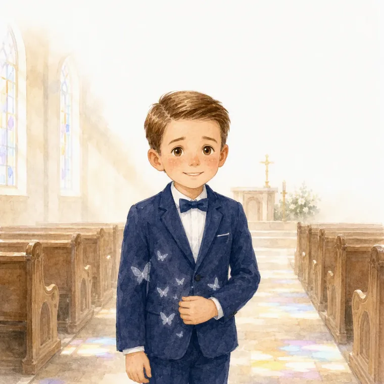 Daan in zijn donkerblauwe pak in het middenpad van de kerk, met vlinders op zijn jasje