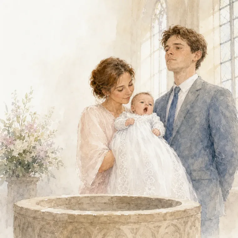 Mama houdt Lotte in haar witte doopjurk vast bij de doopvont, papa staat naast haar