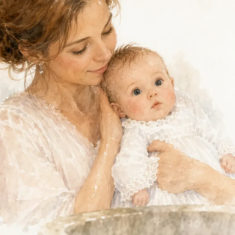 Mama drukt Lotte met natte haartjes na de doop dicht tegen zich aan