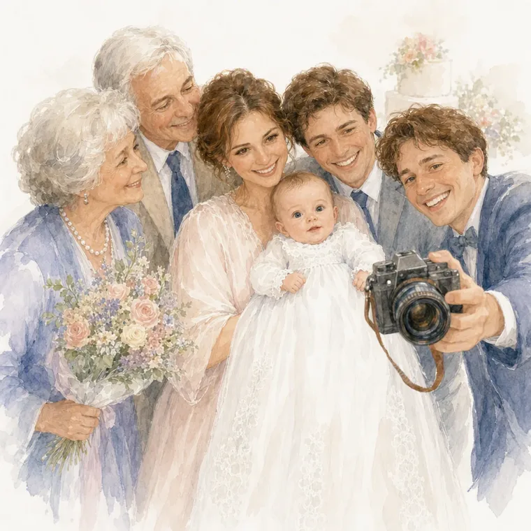 De hele familie rond Lotte, terwijl oom de foto maakt