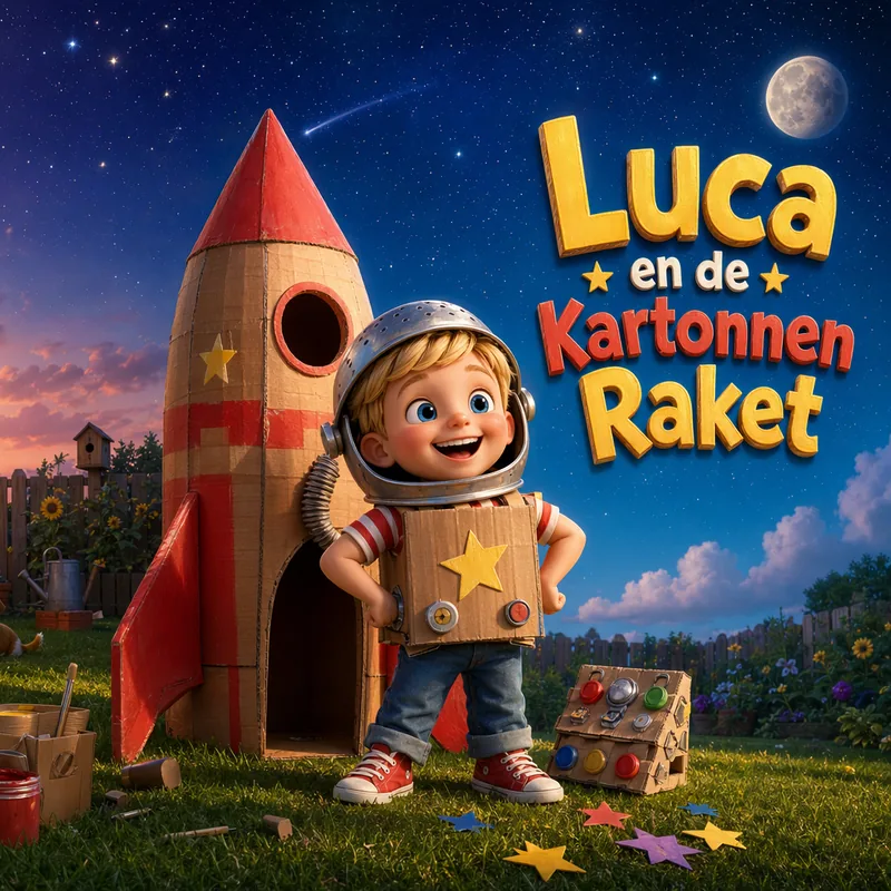 Cover van het gepersonaliseerde kinderboek Luca en de Kartonnen Raket