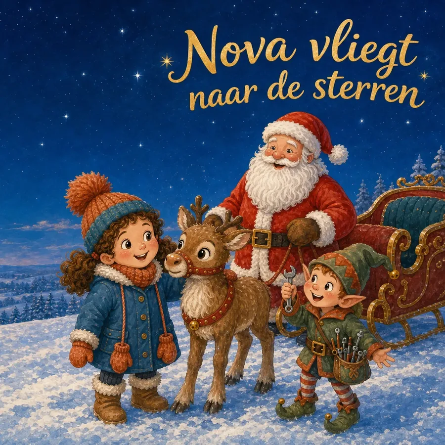 Cover van het kerstboek met Fenna, rendier Nova, de kerstman en elf Pip in de sneeuw