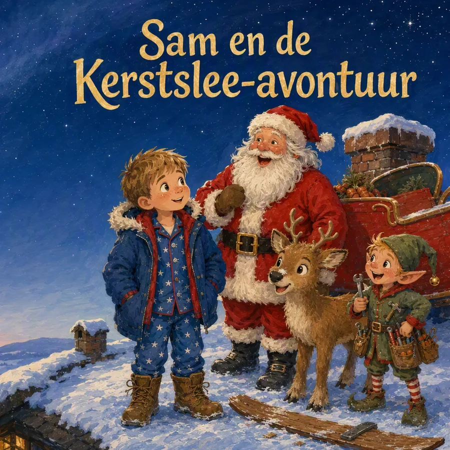 Cover van het kerstboek met Sam, de kerstman, rendier Nova en elf Pip op een besneeuwd dak