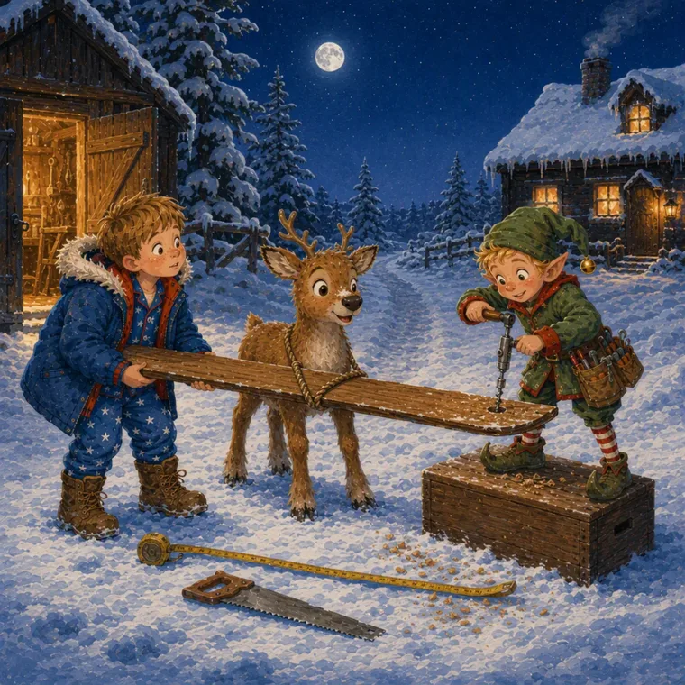 Sam, Nova en elf Pip sjouwen samen een houten ski door de sneeuw
