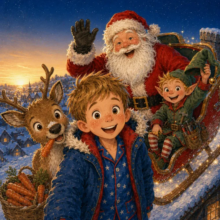 Sam, de kerstman, Nova en Pip in de slee bij zonsopkomst