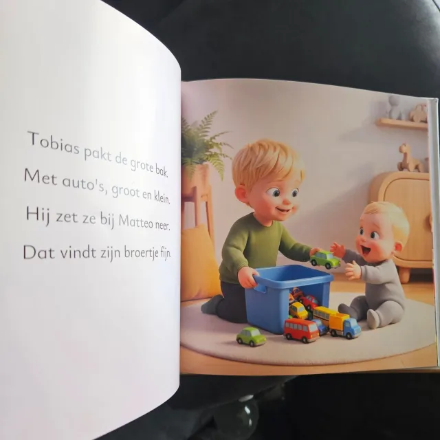 Binnenpagina van een gepersonaliseerd kinderboek met naam