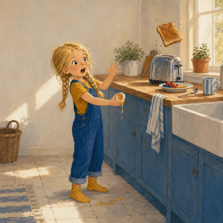 Noor schrikt als de toast uit het broodrooster door de keuken vliegt
