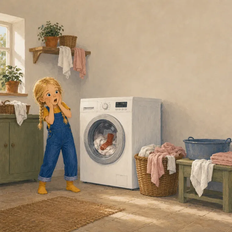 Noor slaat haar handen voor haar mond bij de wasmachine vol roze was