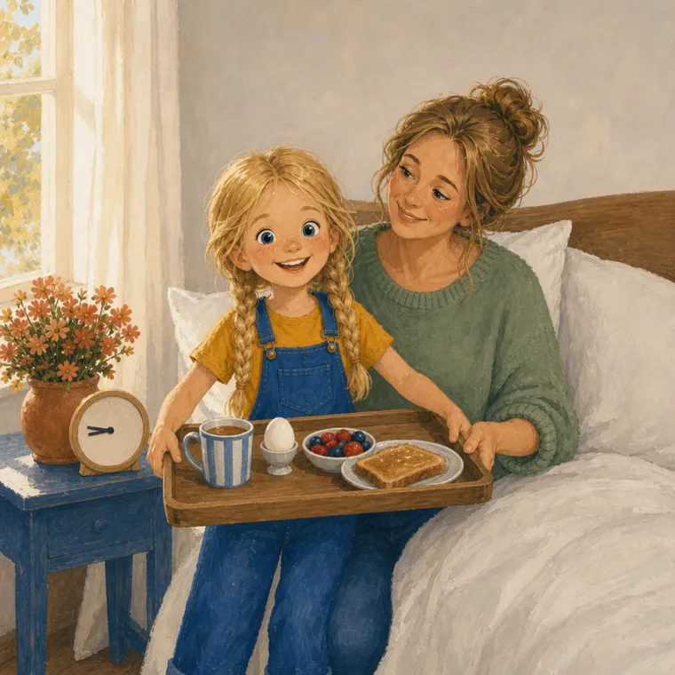 Noor brengt mama in bed een dienblad met toast, fruit en een eitje