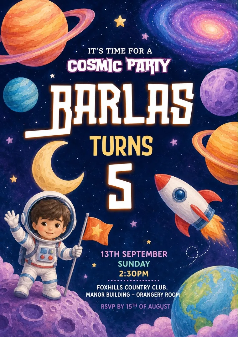 Barlas's Birthday Party invitation, Sunday 13 September 2026, Foxhills Country Club
