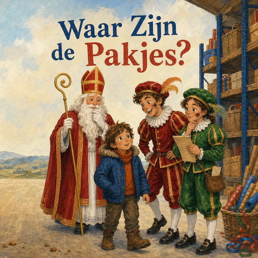 Cover van het sinterklaasboek Waar Zijn de Pakjes met Sam, Sinterklaas en twee pieten