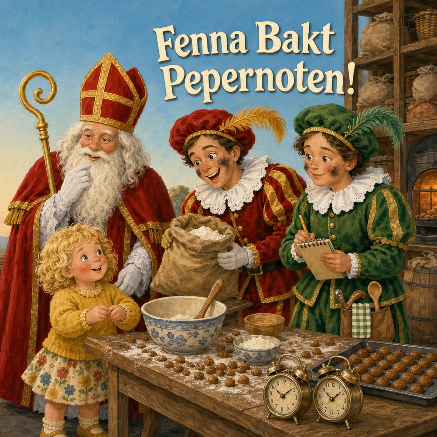 Cover van het sinterklaasboek Fenna Bakt Pepernoten met Fenna, Sinterklaas en twee pieten